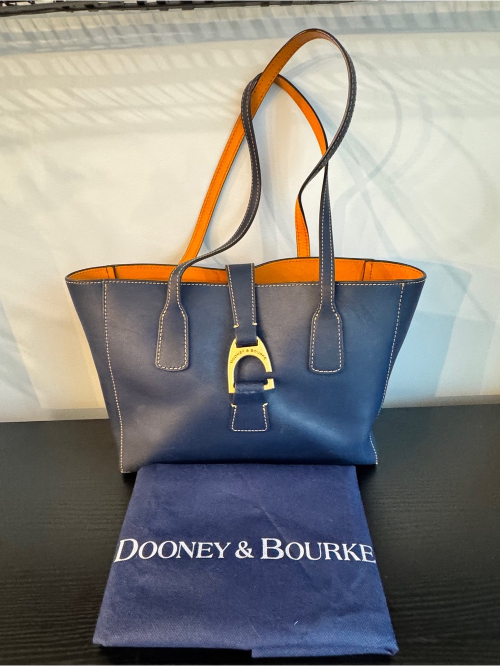 Dooney & Bourke Navy Leather Tote with Orange Interior and Gold Hardware